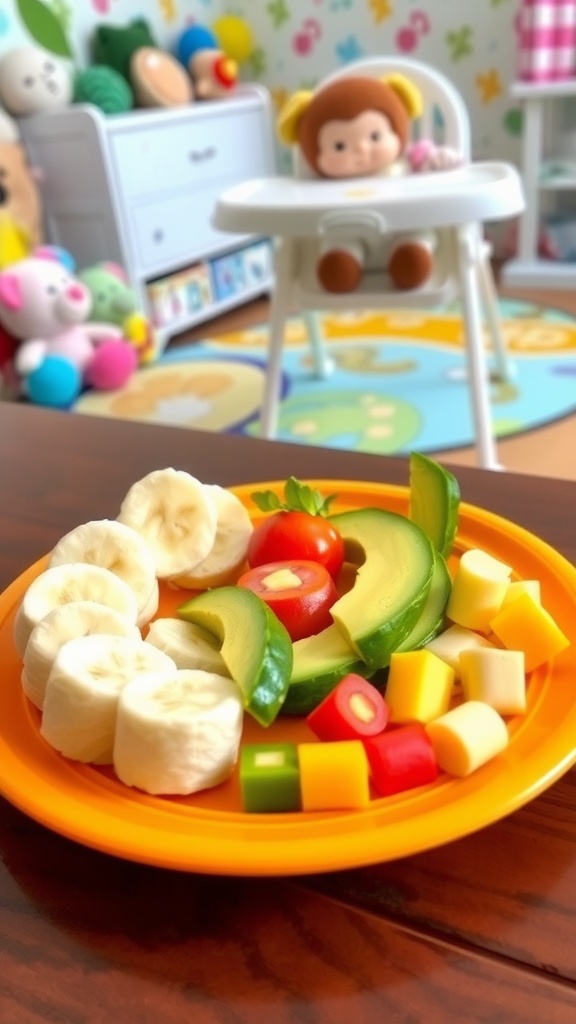 A vibrant plate of nutritious snacks for a 9-month-old including mashed banana, avocado, and soft-cooked vegetables.